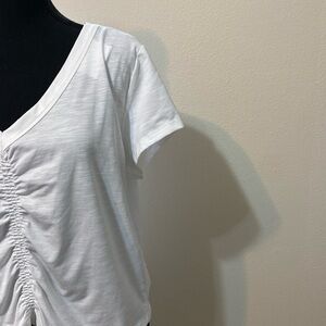 Ann Taylor Loft white gathered v-neck t-shirt